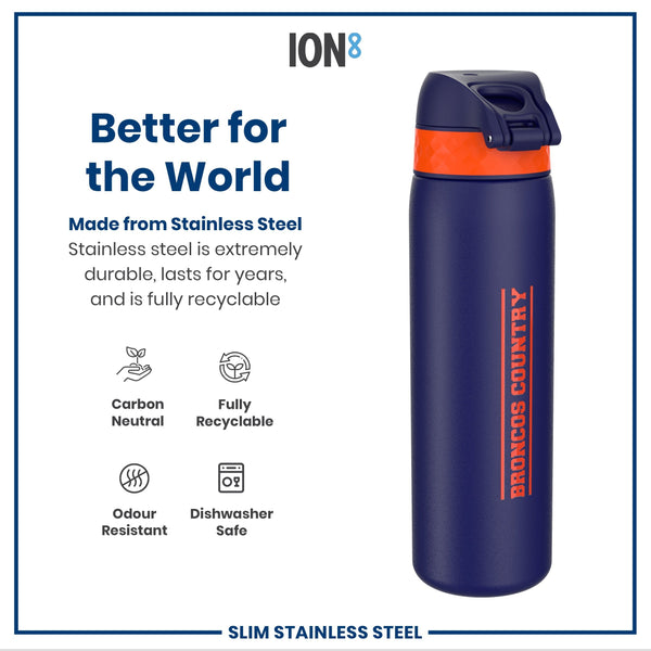 A navy blue stainless steel water bottle, with an orange accent and "BRONCOS COUNTRY" printed on it, sits against a white background; marketing materials highlight its durability and recyclability.
