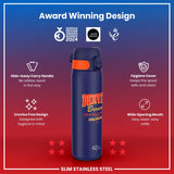 A navy blue, slim stainless steel water bottle, featuring a Denver Broncos design, is displayed against a red background. It has a hide-away carry handle, crevice-free design, hygiene cover, and wide opening mouth. The bottle is labeled as an award-winning design.