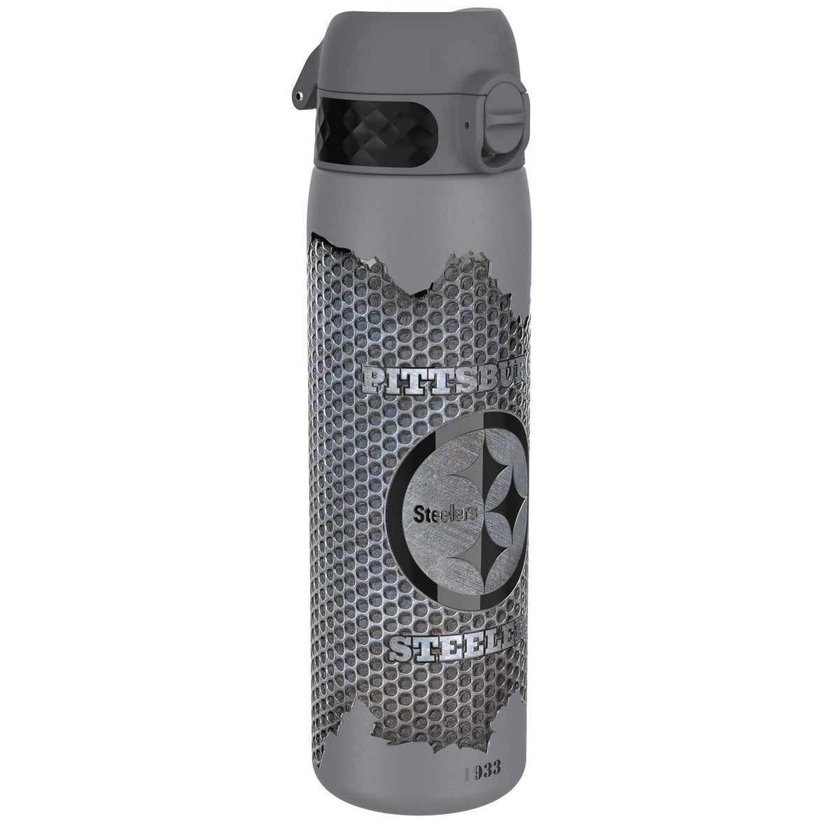 A gray water bottle, featuring a perforated metal design and Pittsburgh Steelers logo, stands against a white background. The text reads: PITTSBURG Steelers STEEL 1933.