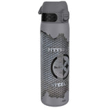 A gray water bottle, featuring a perforated metal design and Pittsburgh Steelers logo, stands against a white background. The text reads: PITTSBURG Steelers STEEL 1933.