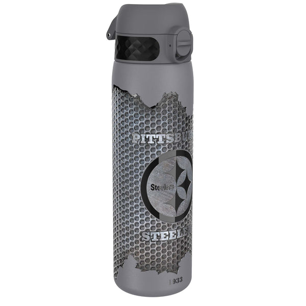 A gray water bottle, featuring a perforated metal design and Pittsburgh Steelers logo, stands against a white background. The text reads: PITTSBURG Steelers STEEL 1933.