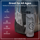 A gray, slim stainless steel water bottle, featuring the Pittsburgh Steelers logo, rests in a backpack's side pocket. It is 600ml/20oz, 232 x 65 mm, backpack and cupholder friendly, and 100% leak proof.
