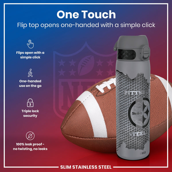 A grey Steelers-branded water bottle, with a flip top, rests beside an American football. The bottle's features include one-handed opening, triple lock security, and a leak-proof design.