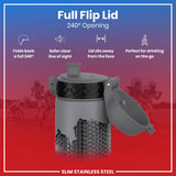 A gray slim stainless steel water bottle with a 240° flip lid is shown, open, against a red background depicting blurred football players. The lid folds back completely, away from the face, providing a clear line of sight. It is advertised as ideal for on-the-go drinking.