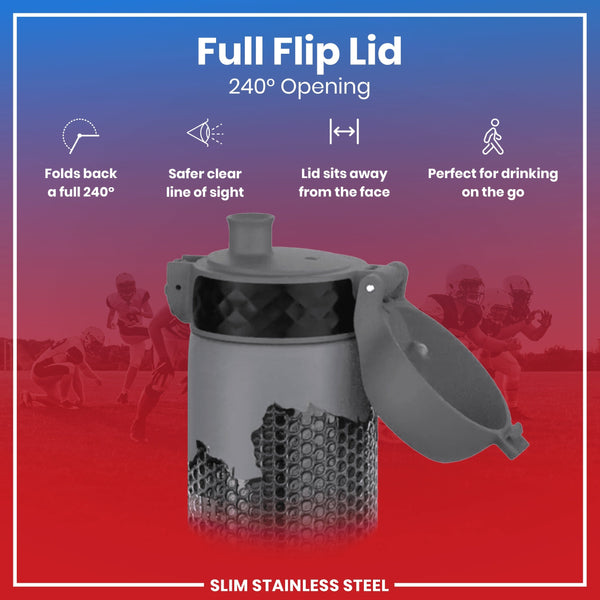 A gray slim stainless steel water bottle with a 240° flip lid is shown, open, against a red background depicting blurred football players. The lid folds back completely, away from the face, providing a clear line of sight. It is advertised as ideal for on-the-go drinking.