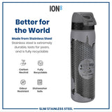 A gray stainless steel water bottle, featuring a textured design and 