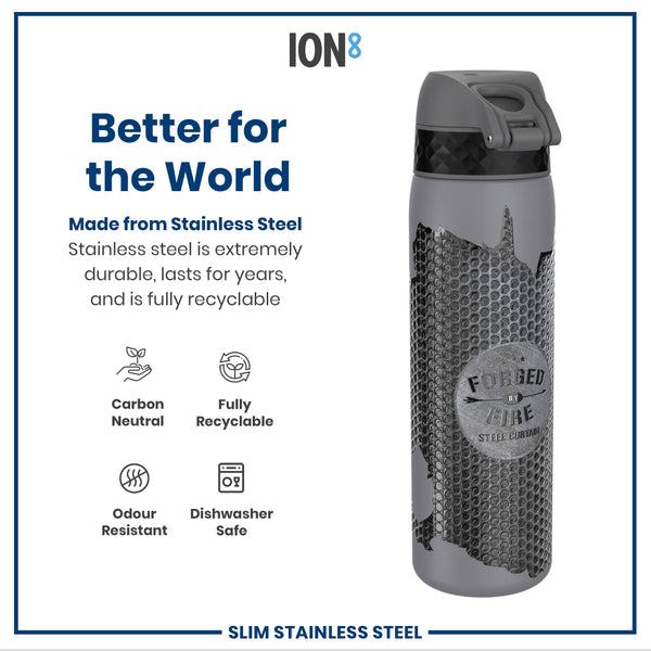 A gray stainless steel water bottle, featuring a textured design and "FORGED BY FIRE STEEL CURTAIN" logo, sits against a white background. The bottle is described as carbon neutral, fully recyclable, odour resistant, and dishwasher safe.