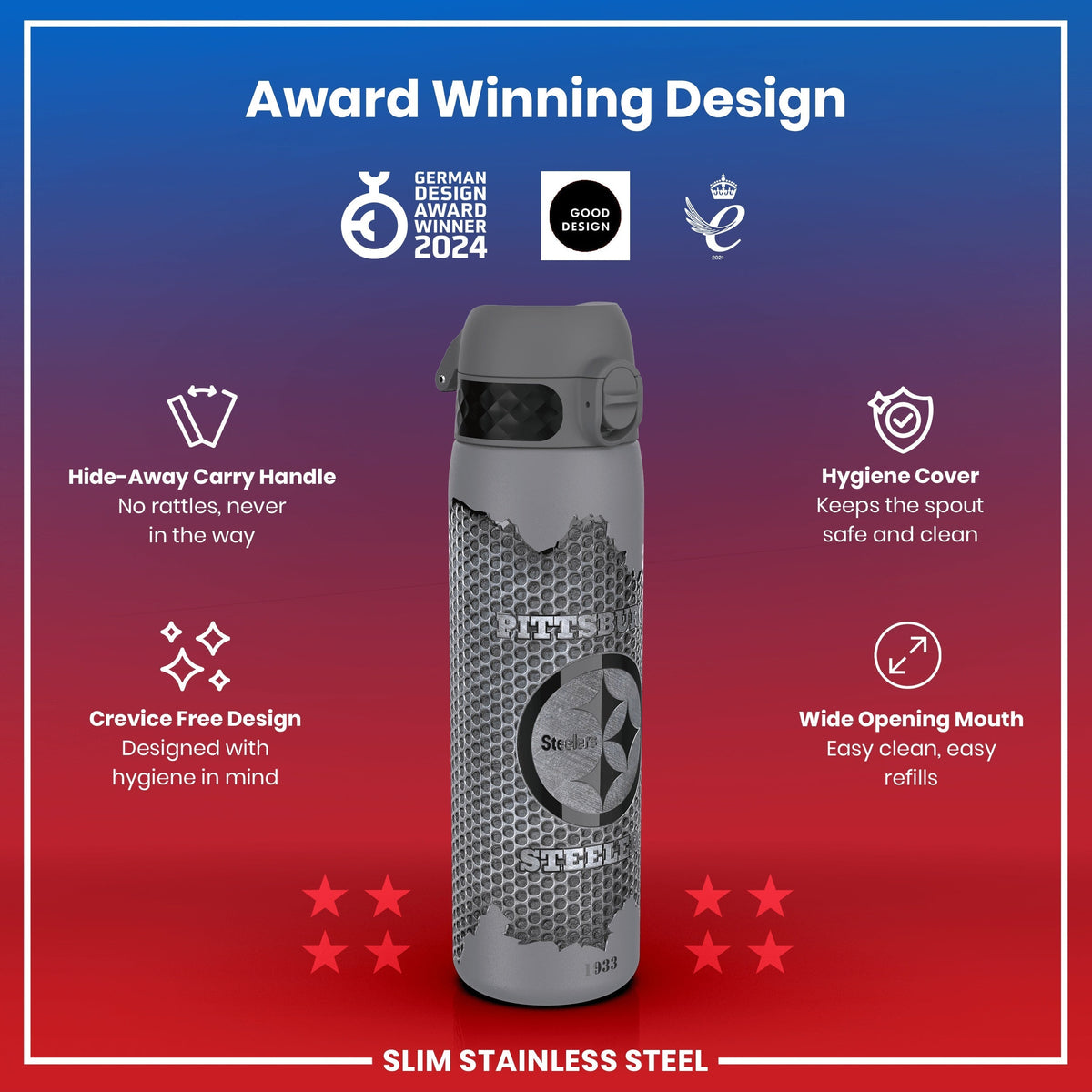 A gray, stainless steel water bottle, featuring a Pittsburgh Steelers design, displays various features promoting hygiene and ease of use; it's presented against a gradient background highlighting design awards.