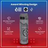 A gray, stainless steel water bottle, featuring a Pittsburgh Steelers design, displays various features promoting hygiene and ease of use; it's presented against a gradient background highlighting design awards.