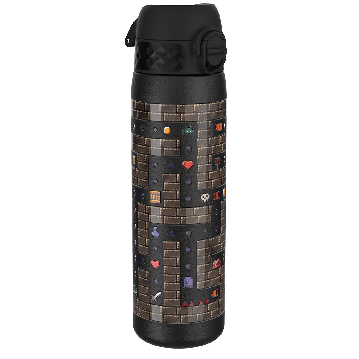 A black water bottle, featuring a pixelated video game maze design, stands against a white background. The design includes points and game characters.