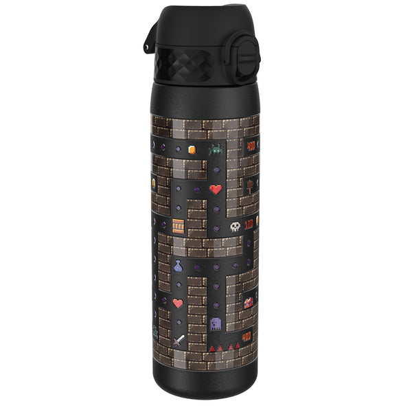 A black water bottle, featuring a pixelated video game maze design, stands against a white background. The design includes points and game characters.
