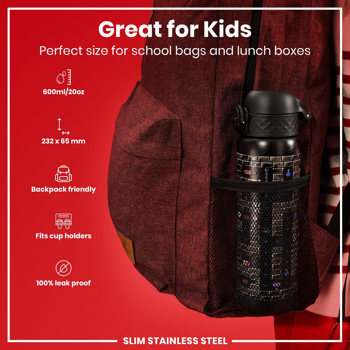 A slim stainless steel water bottle, fitting snugly in a backpack's side pocket, is shown; it's 600ml/20oz, 232 x 65 mm, backpack and cup holder friendly, and leak-proof.
