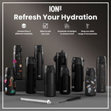 Several ION8 water bottles, in various sizes and designs, are displayed on a gray surface. They are primarily black, with some featuring space-themed graphics. The accompanying text advertises material choices, sizing options, design variety, and accessories.