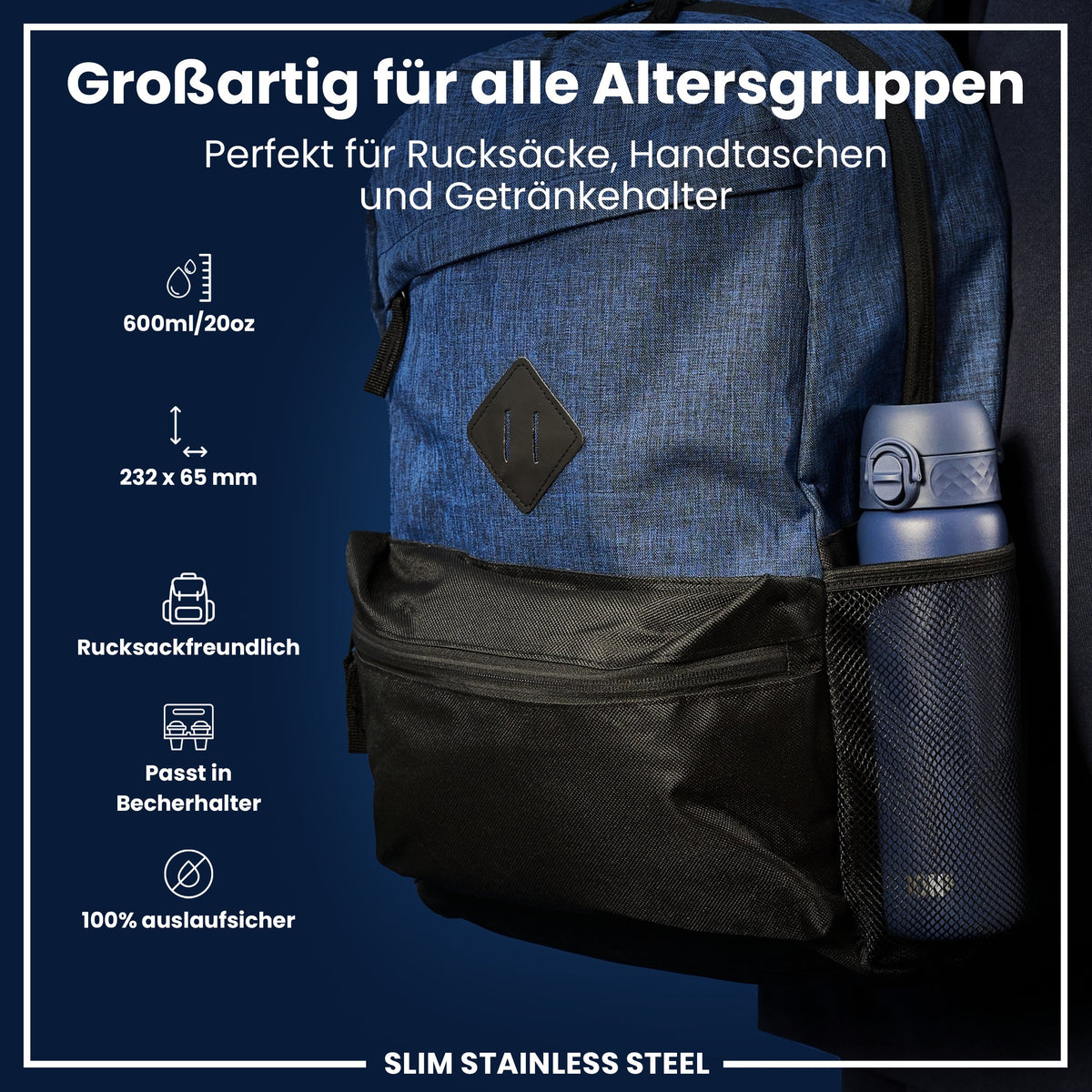 Leichte Edelstahl-Wasserflasche, Ash Navy, 600 ml