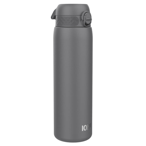 A dark gray water bottle stands upright against a white background. The bottle has a screw-on lid with a carrying loop. The brand "ION8" is subtly printed near the base.