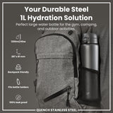 A steel water bottle fits inside a backpack's mesh pocket. It's 1200ml/40oz, 287 x 81 mm, backpack friendly, fits bottle holders, and is 100% leak proof. The bottle is part of a hydration solution.