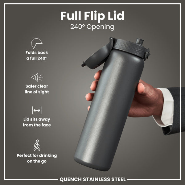 A dark gray stainless steel water bottle with a full flip lid is held by a hand. The lid opens 240 degrees. The bottle is shown against a gray background. "Full Flip Lid," "240° Opening," and "QUENCH STAINLESS STEEL" are present.