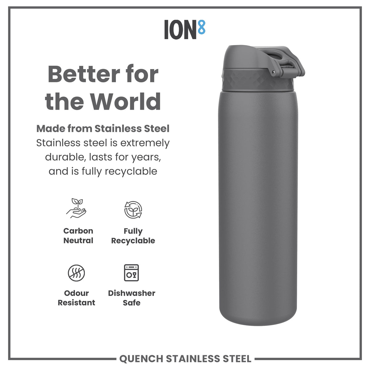 A dark-gray stainless steel water bottle stands against a white background. It is described as better for the world, carbon neutral, fully recyclable, odour resistant, and dishwasher safe. The bottle's brand is ION8.