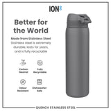 A dark-gray stainless steel water bottle stands against a white background. It is described as better for the world, carbon neutral, fully recyclable, odour resistant, and dishwasher safe. The bottle's brand is ION8.