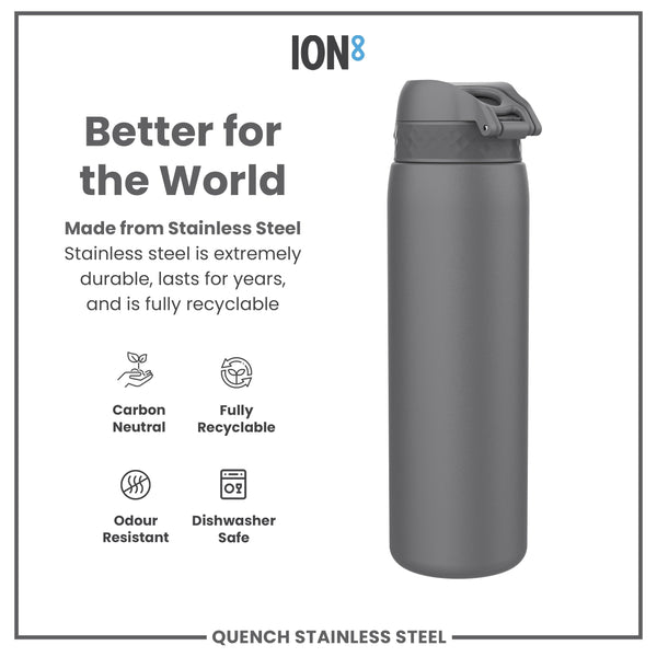 A dark-gray stainless steel water bottle stands against a white background. It is described as better for the world, carbon neutral, fully recyclable, odour resistant, and dishwasher safe. The bottle's brand is ION8.