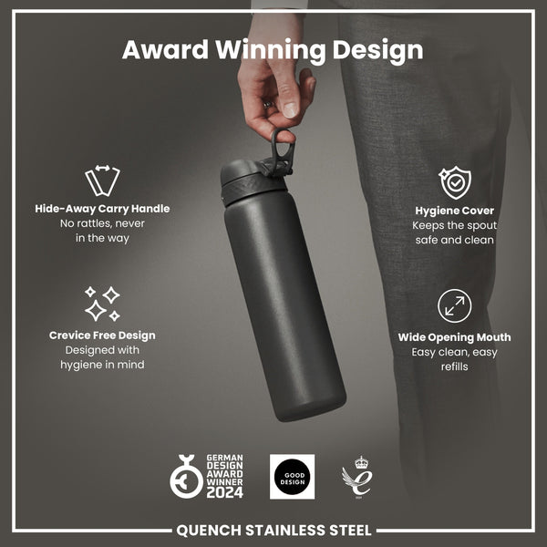 A dark grey stainless steel water bottle is held; its features include a hide-away handle, hygiene cover, and wide mouth opening. Awards from 2021 and 2024 are shown.