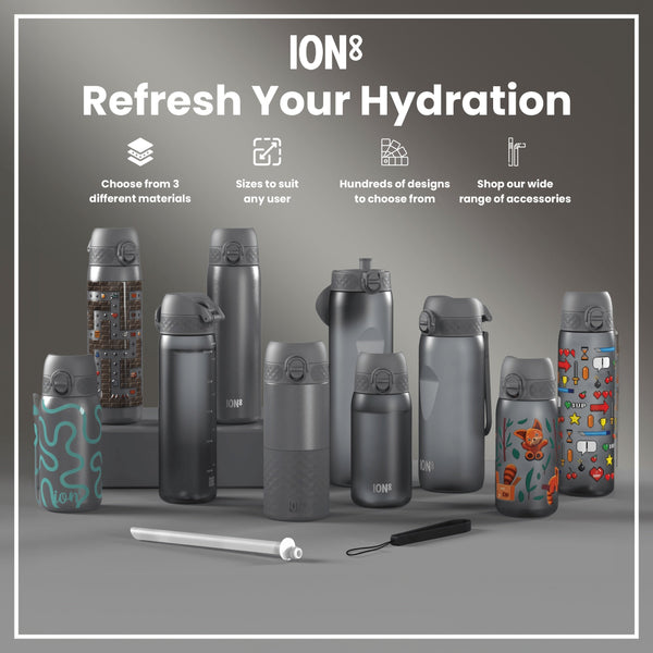Several ION8 water bottles, various sizes and designs, are displayed on a gray surface; accessories are also shown. Choose from 3 different materials, sizes to suit any user, hundreds of designs, and a wide range of accessories.