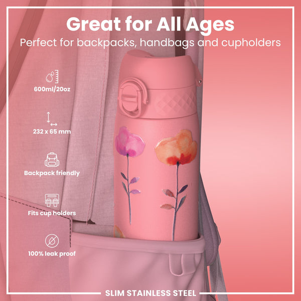 Leichte Edelstahl-Wasserflasche, Blumen, 600 ml