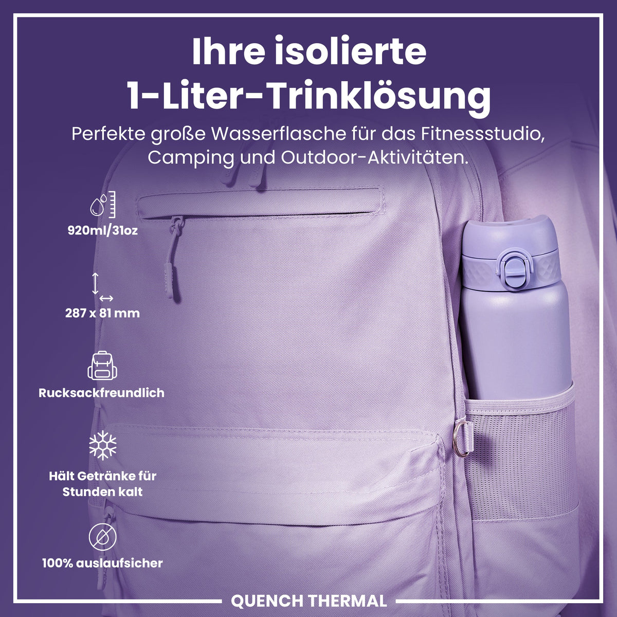 Isolierte Edelstahl-Wasserflasche, Helllila, 1 L