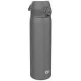 A dark gray water bottle stands upright against a white background. The bottle has a textured surface and a screw-on lid. The brand 