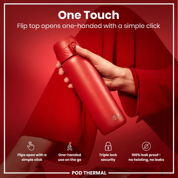 A red thermal water bottle is being held; its flip top opens one-handed via a simple click. The bottle is showcased against a red backdrop. "One Touch," "Flips open with a simple click," "One-handed use on the go," "Triple lock security," "100% leak proof - no twisting, no leaks," and "POD THERMAL" are also present.