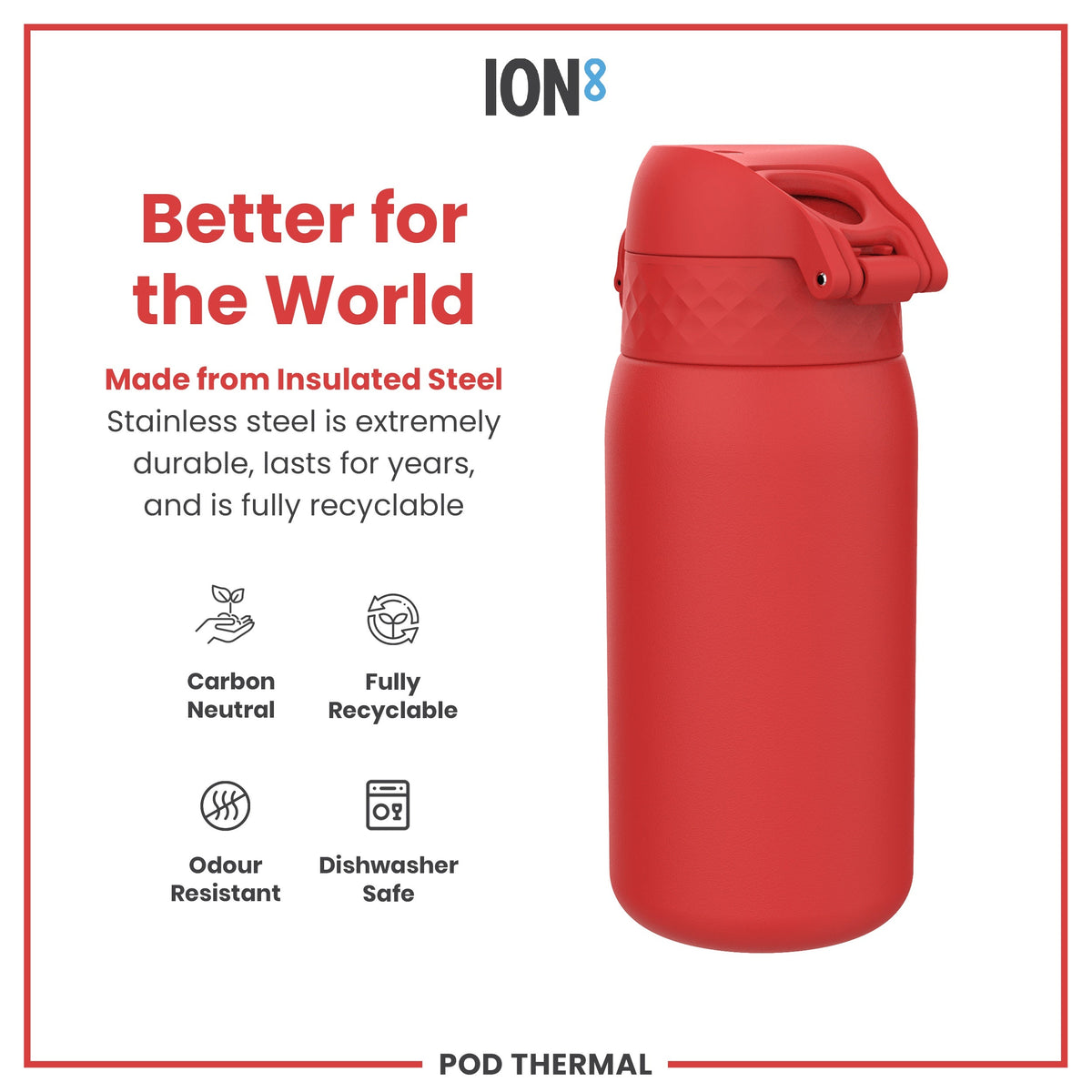 A red, insulated stainless steel water bottle sits on a white background; it is carbon neutral, fully recyclable, odour resistant, and dishwasher safe.