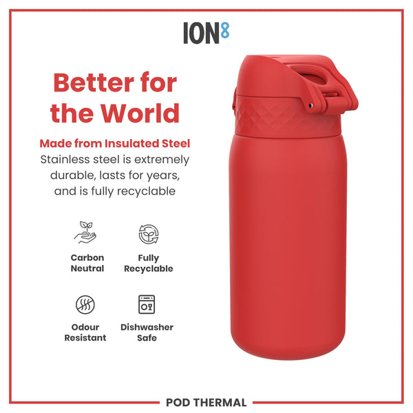 A red, insulated stainless steel water bottle sits on a white background; it is carbon neutral, fully recyclable, odour resistant, and dishwasher safe.