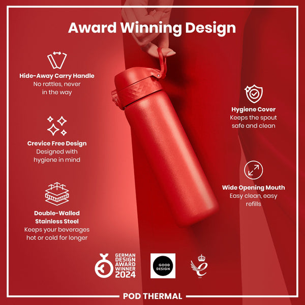 A red, double-walled stainless steel water bottle is held by a hand against a red background. Its features include a hide-away handle, crevice-free design, hygiene cover, and wide opening mouth. The bottle is a 2024 German Design Award winner.