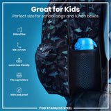 A shark-patterned backpack holds a blue water bottle; it's shown against a blue background with specifications: 350ml/12oz, 169 x 67 mm, lunchbox and cup holder friendly, and 100% leak proof. POD STAINLESS STEEL.