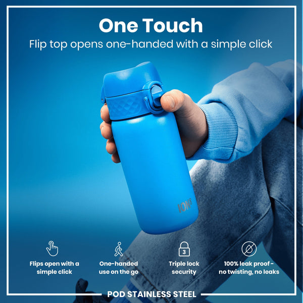 A blue water bottle is held; its flip top opens one-handed. The bottle is made of stainless steel, is leakproof and has a triple lock security. It's shown against a blue background.
