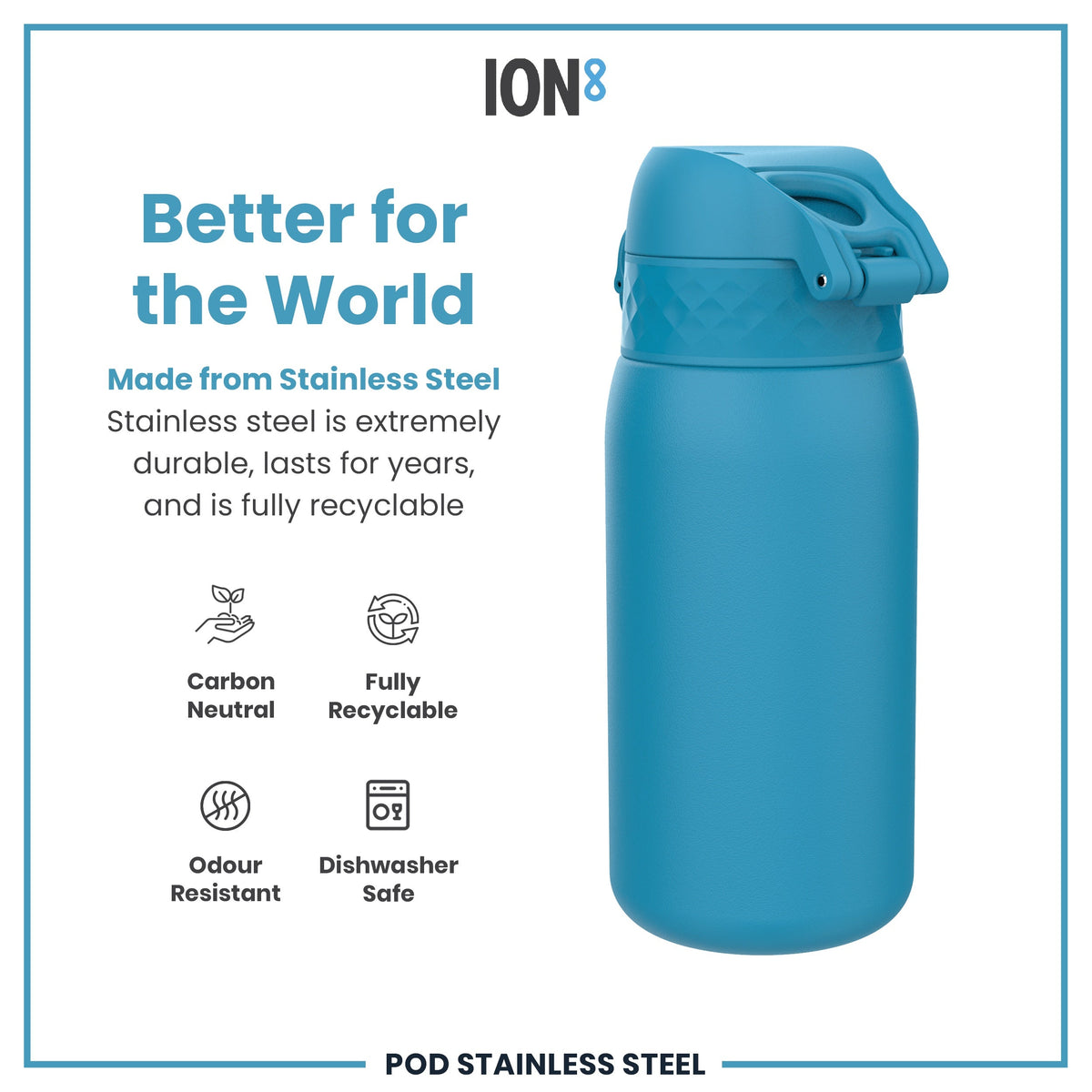 A blue stainless steel water bottle sits against a white background. It is shown in profile view. Accompanying text highlights its durability, recyclability, and other features.