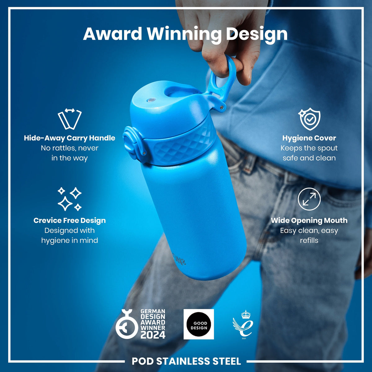 A blue water bottle is being held. Its features are highlighted: a hide-away handle, hygiene cover, crevice-free design, and wide mouth. It's an award-winning design.