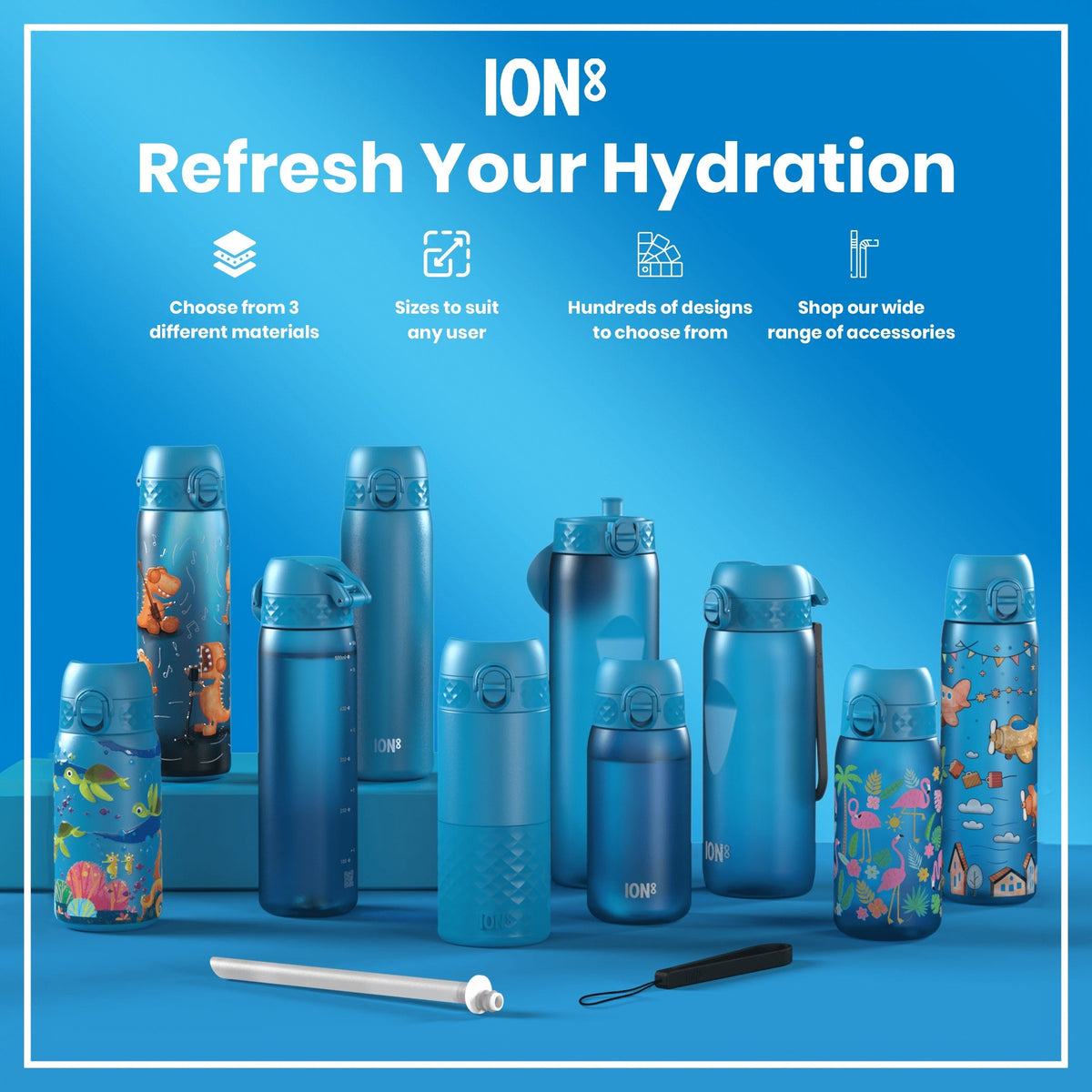 Several blue water bottles, various sizes and designs, are displayed on a blue surface; accompanying text advertises material choices, sizing, design options, and accessories. ION8 is prominently featured.