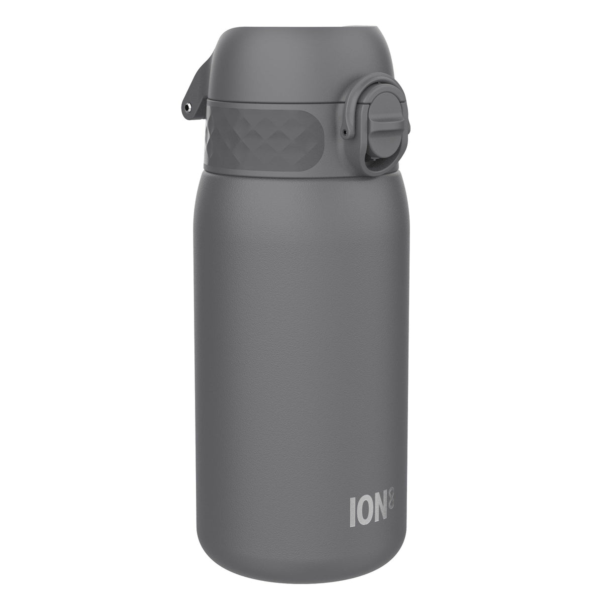 A dark gray water bottle, standing upright, features a textured lid and a subtle ION8 logo. The bottle sits against a white background.