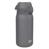 A dark gray water bottle, standing upright, features a textured lid and a subtle ION8 logo. The bottle sits against a white background.