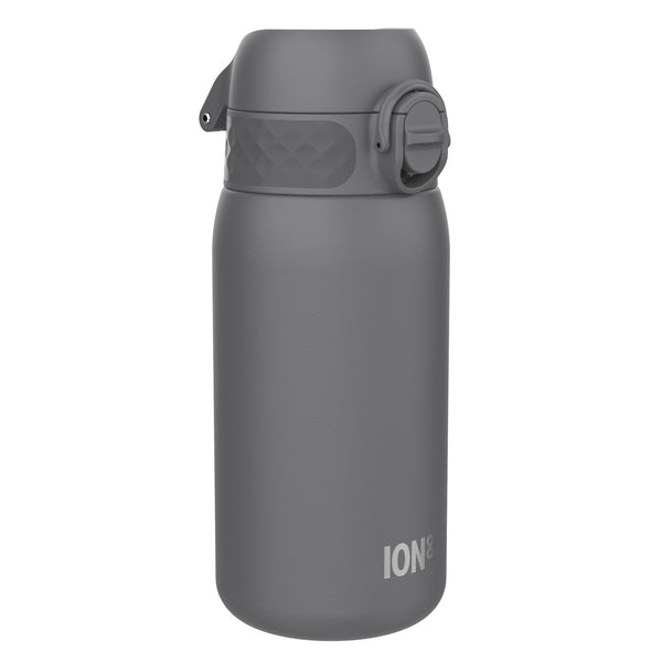 A dark gray water bottle, standing upright, features a textured lid and a subtle ION8 logo. The bottle sits against a white background.