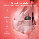 A pink backpack carries a dark gray thermos; it's designed for kids' school bags and lunch boxes. 350ml/12oz capacity. 169 x 67 mm dimensions. Lunchbox and cupholder compatible. 100% leak proof. POD STAINLESS STEEL.