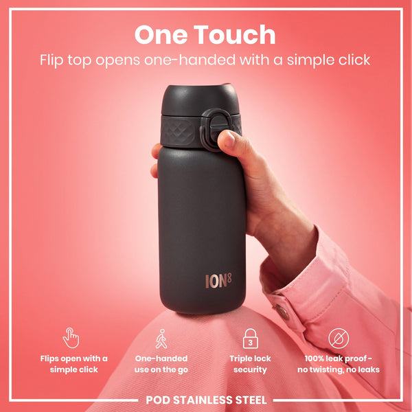 A dark gray ION8 water bottle is held; its flip top opens one-handed. The bottle rests on pink fabric; text highlights its features.