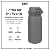 A gray stainless steel water bottle sits on a white background; it is carbon neutral, fully recyclable, odor resistant, and dishwasher safe.