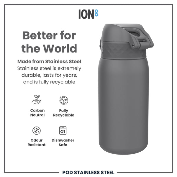 A gray stainless steel water bottle sits on a white background; it is carbon neutral, fully recyclable, odor resistant, and dishwasher safe.