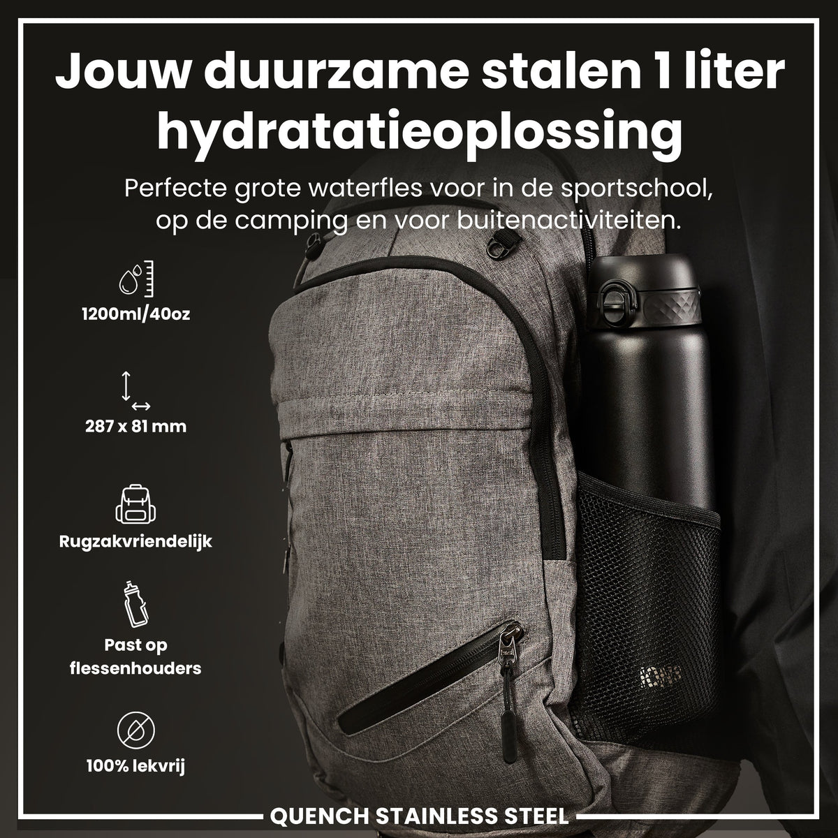 Leichte Edelstahl-Wasserflasche, Schwarz, 1 L