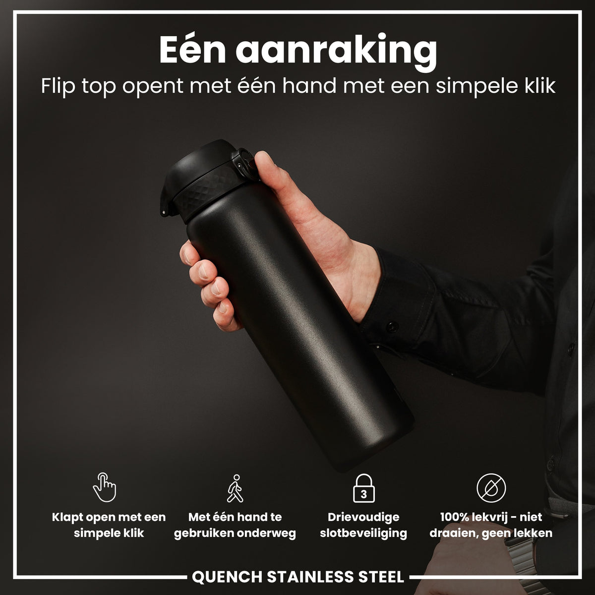 Leichte Edelstahl-Wasserflasche, Schwarz, 1 L