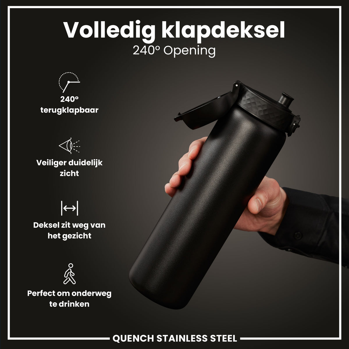 Leichte Edelstahl-Wasserflasche, Schwarz, 1 L