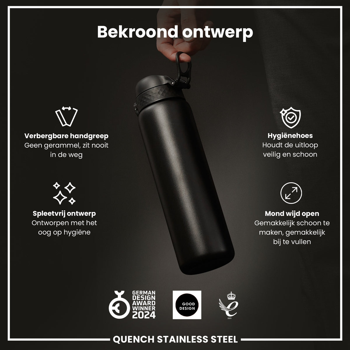 Leichte Edelstahl-Wasserflasche, Schwarz, 1 L