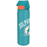 A teal water bottle sits against a white background. The bottle features a teal lid with an orange accent and is decorated with repeated text, 